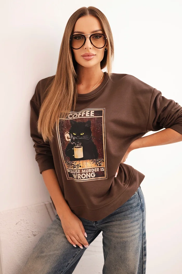 Kesi Włoski Women's cotton sweatshirt with a cat print and text brown