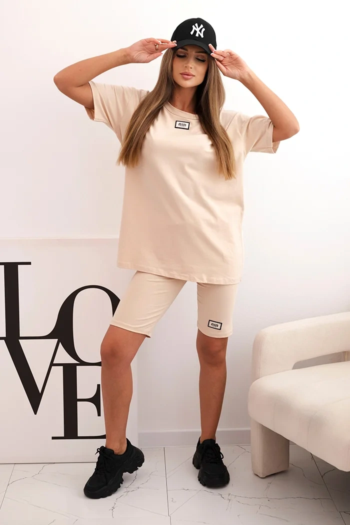 Kesi Włoski Women's cotton set with short sleeves and shorts beige