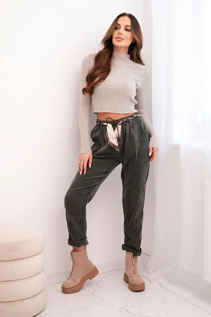 Kesi Włoski Women's viscose pants with a scarf belt khaki