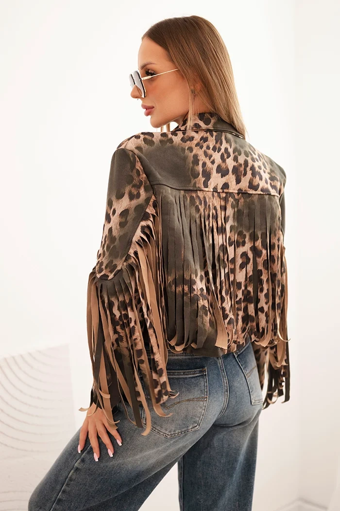 Kesi Włoski Women's suede jacket with fringes in leopard print khaki