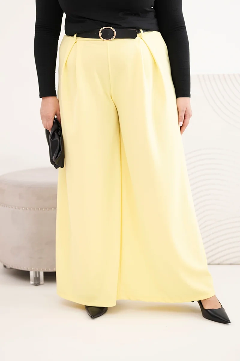 Дамски широки панталони Kesi с колан, жълти