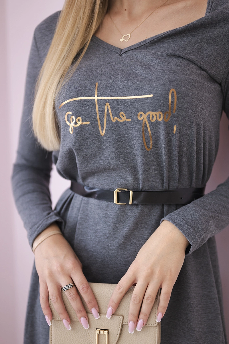 Dress with decorative belt and graphite inscription