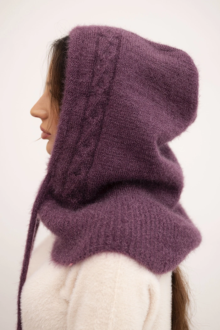 Polski Women's hooded cap with tie and braided weave dark purple