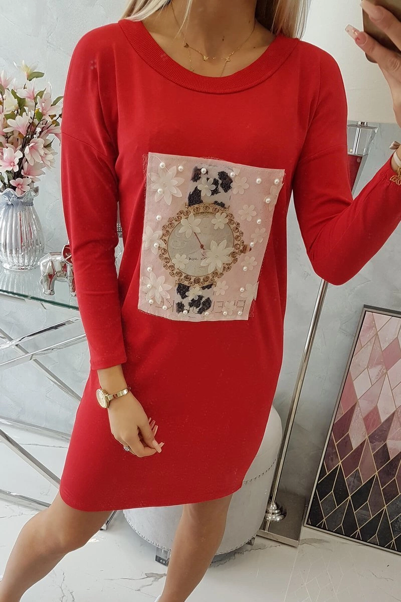 Dress with 3D graphics with red pearls