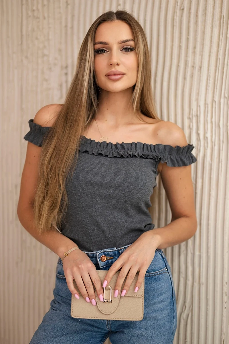 Shoulderless blouse with graphite ruffles