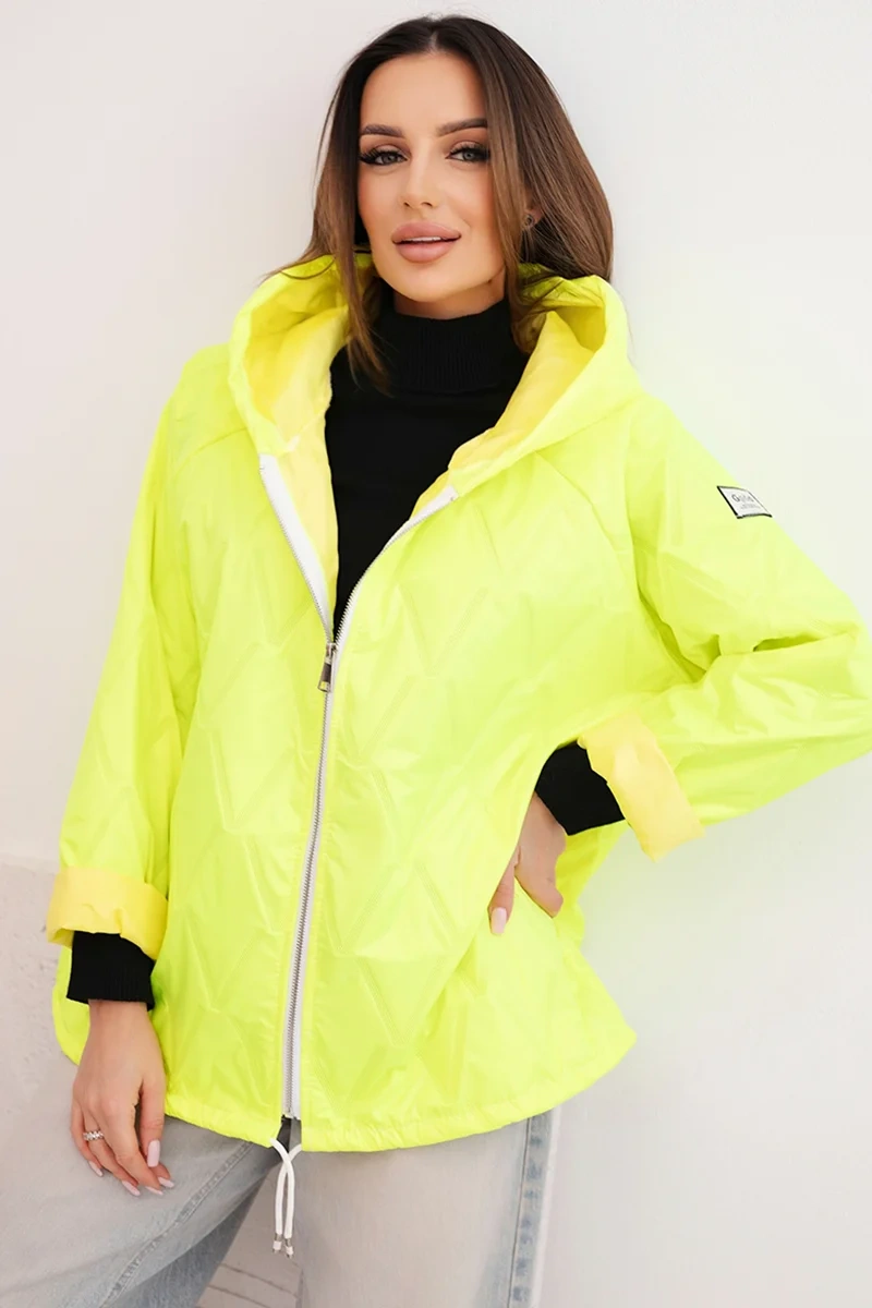 Дамско ватирано яке с качулка, неоново жълто