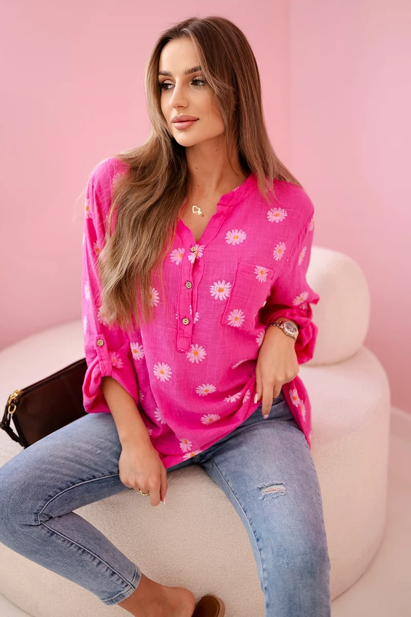 Kesi Włoski Linen Womens Blouse with Floral Pattern, Long Sleeves, and Buttons pink