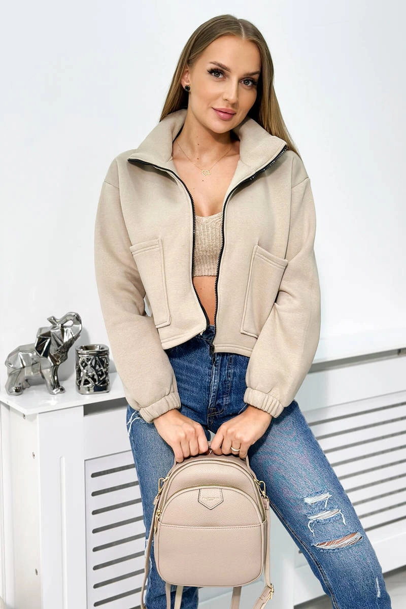 Cotton insulated sweatshirt with zipper light beige
