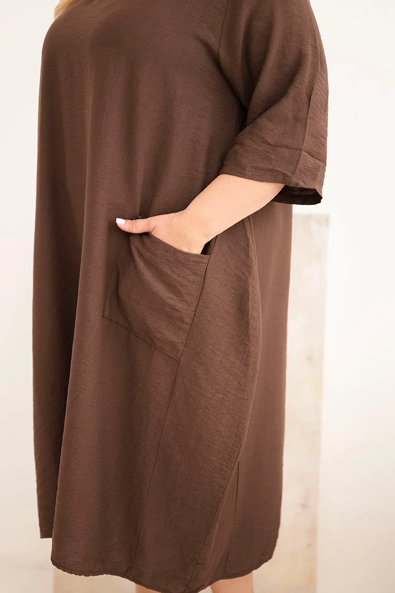 Plus Size šaty s vreckami, hnedé