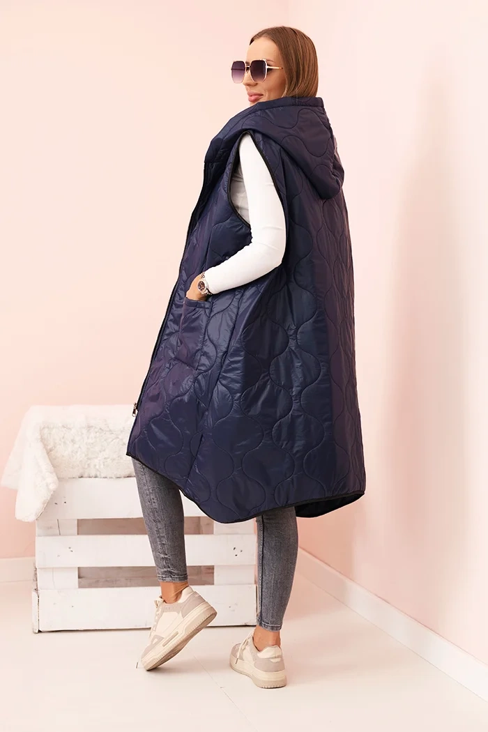Kesi Włoski Women's quilted Plus Size vest with a hood zippered navy