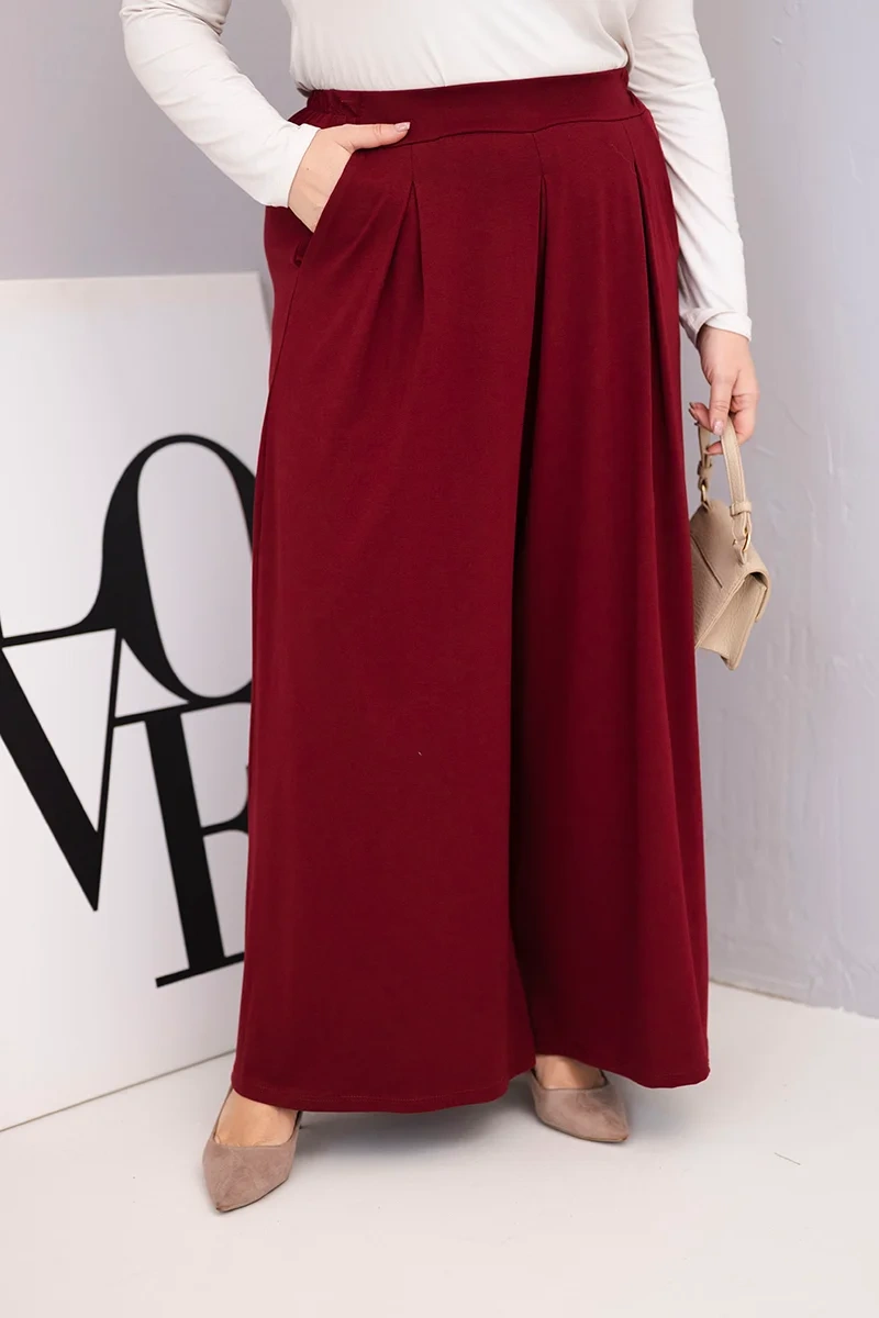 Kesi Włoski Dámske bavlnené nohavice Plus Size so širokými nohavicami a voľným strihom bordové