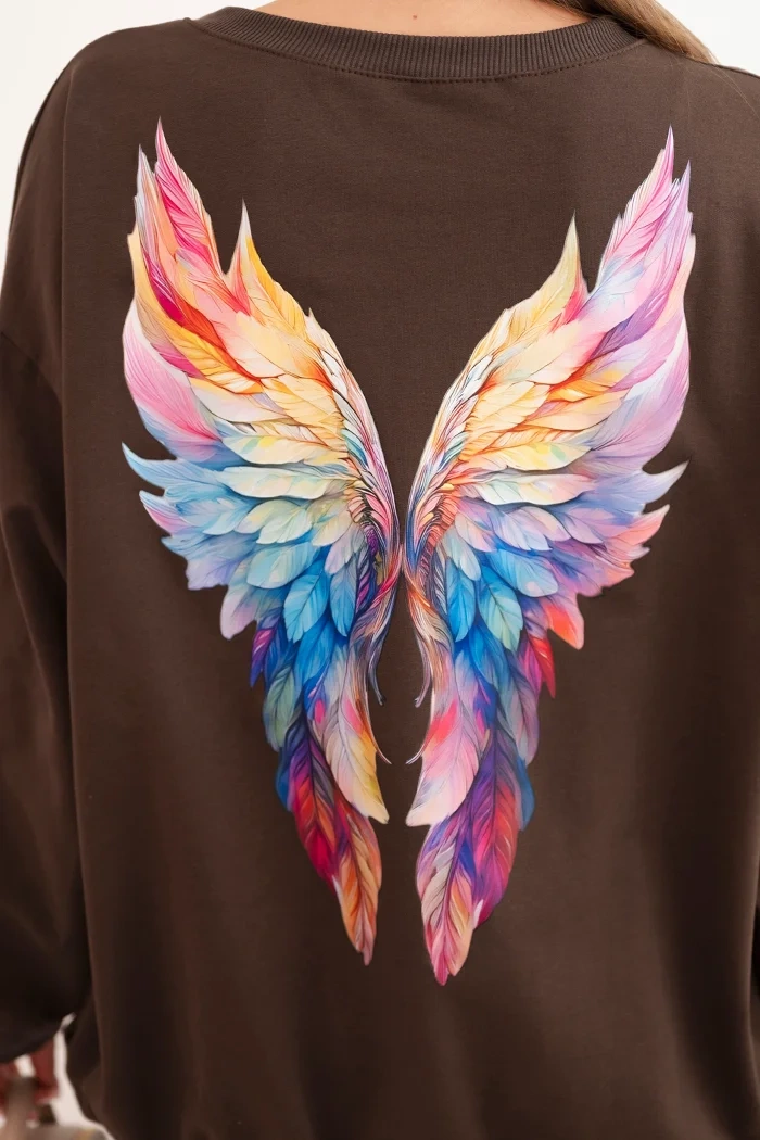 Polski Women's oversized cotton sweatshirt with colorful wings on the back brown