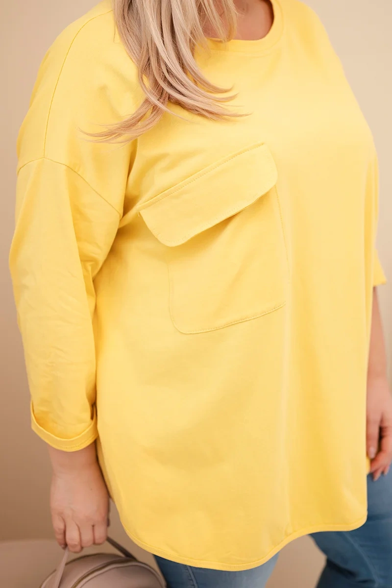 Kesi Włoski Dámska blúzka Plus Size s bavlnou, s vreckom a s podvihnutým rukávom žltá