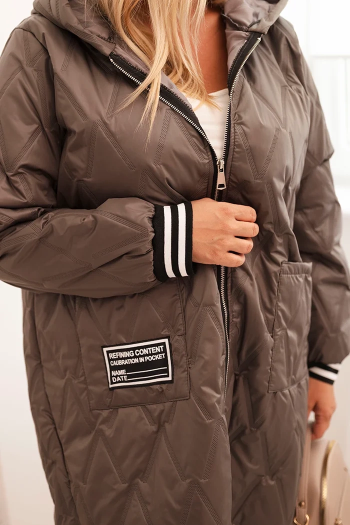 Kesi Włoski Dámska bunda Plus Size prešívaná s kapucňou a športovými manžetami fango