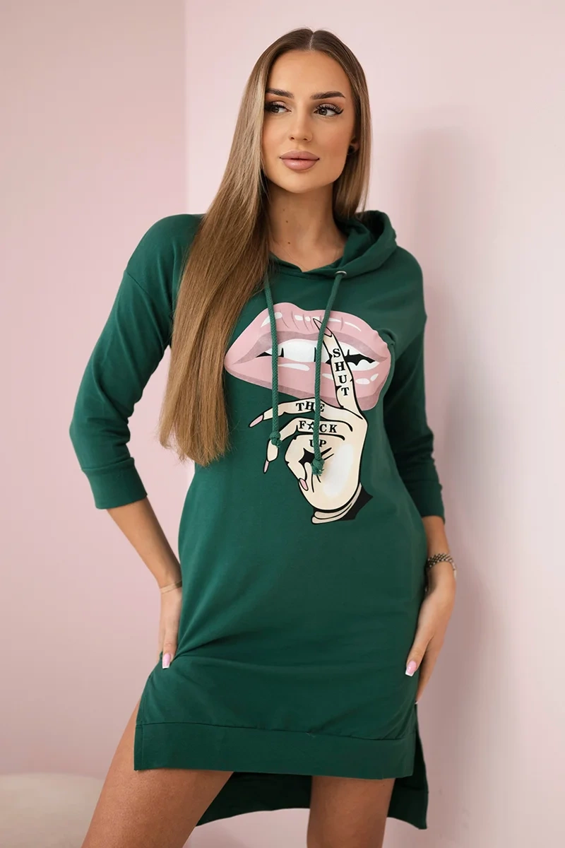 Dress with a longer back and a colorful print in dark green