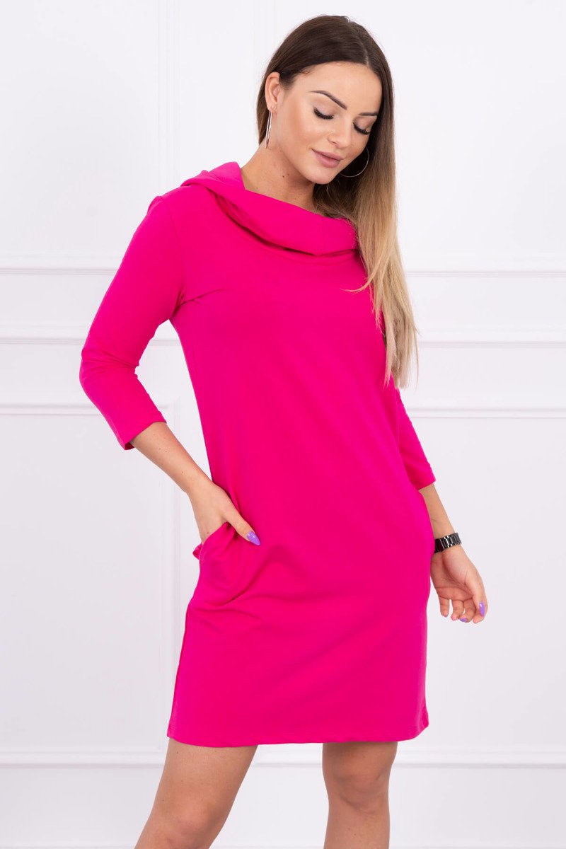 Dress with hood and fuchsia-colored pockets