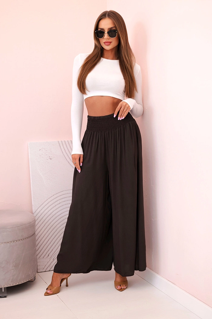 Kesi Włoski Women's viscose trousers with elastic waistband brown