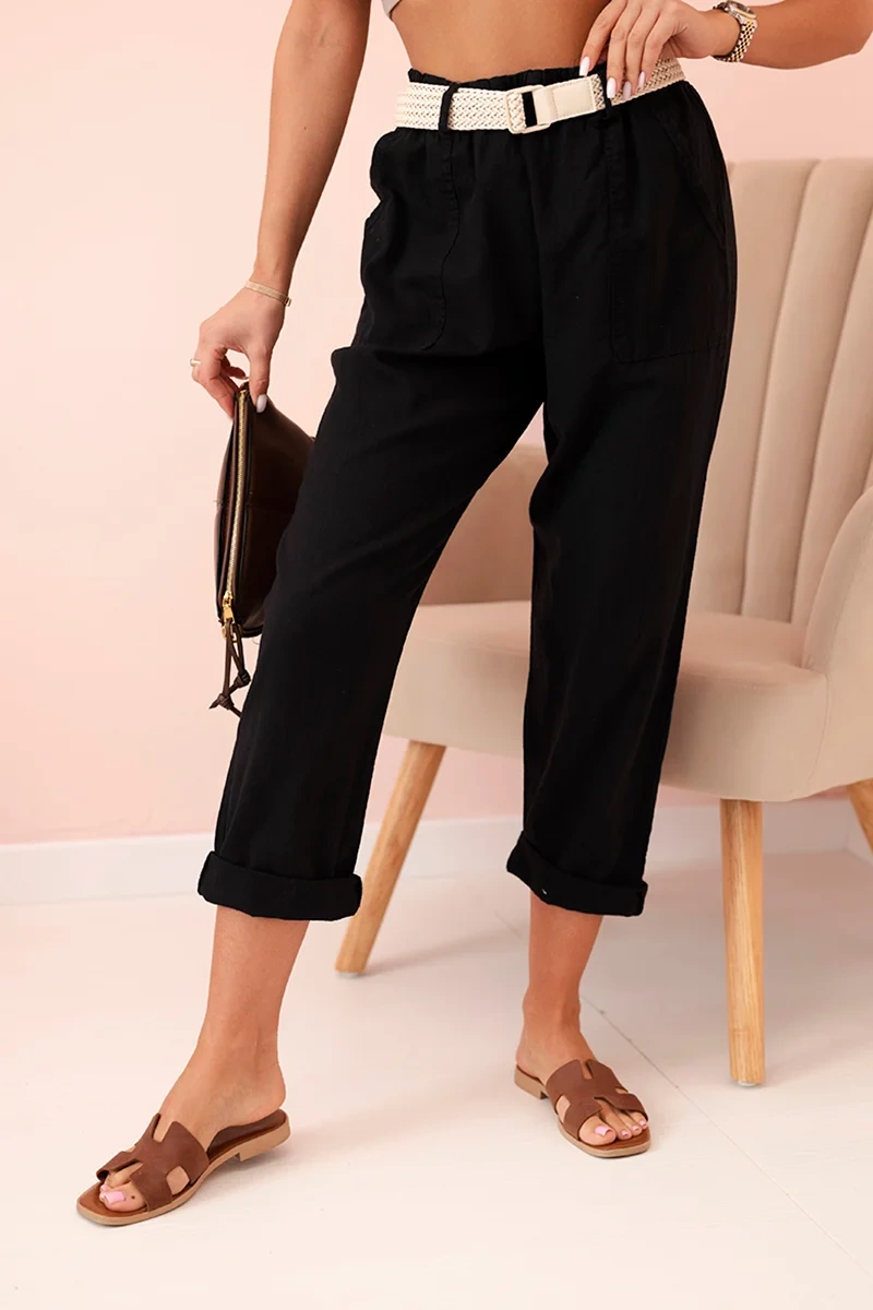 Kesi Włoski Women's linen cotton pants with a belt black