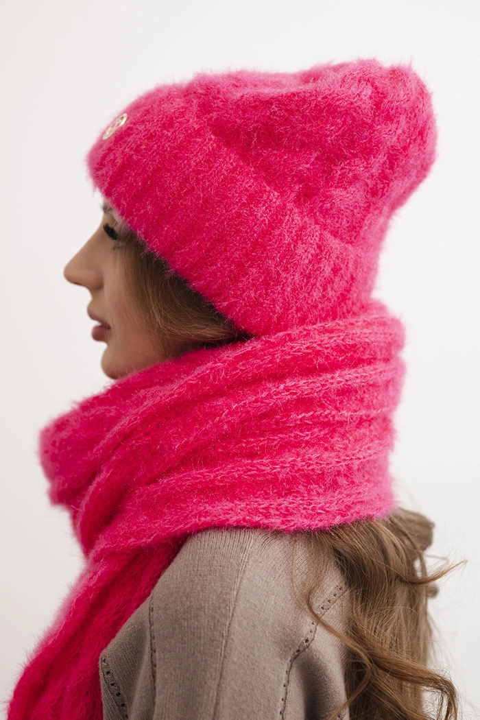 Kesi Women&#039;s set hat and scarf ribbed with decoration neon pink