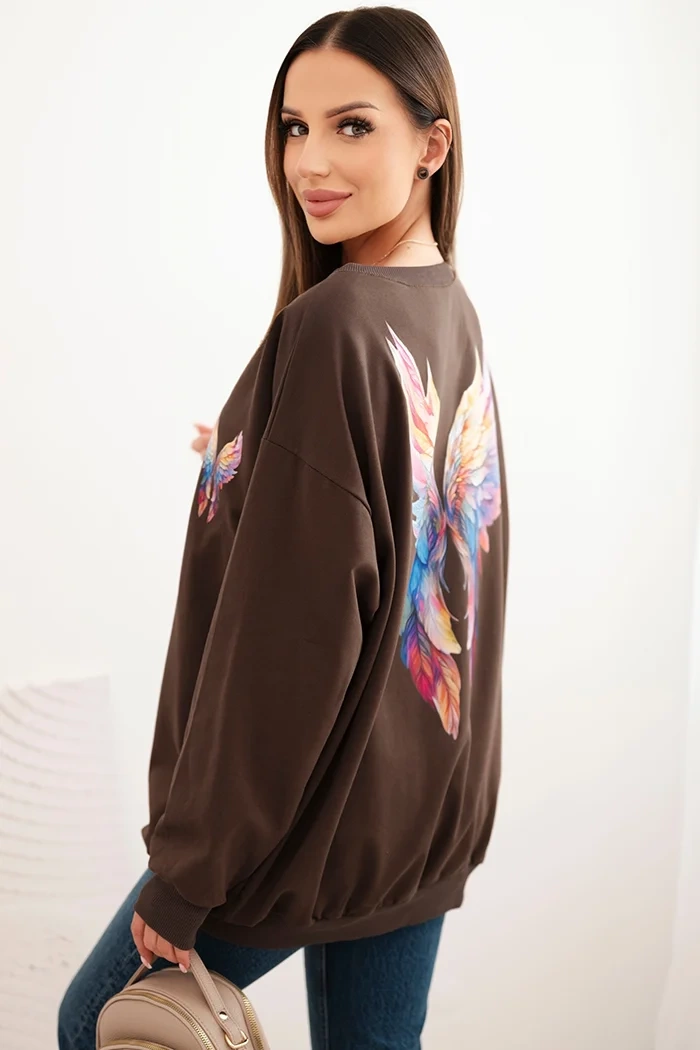 Polski Women's oversized cotton sweatshirt with colorful wings on the back brown