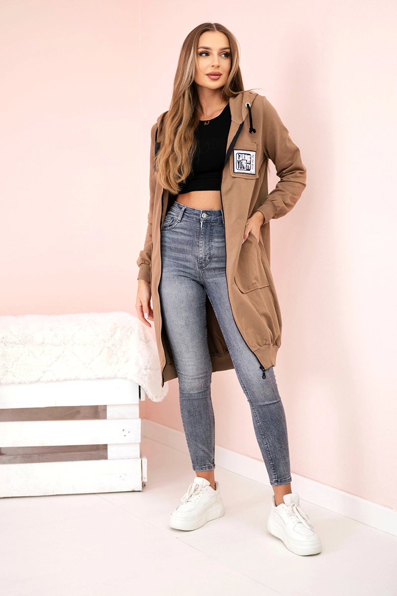 Kesi Women&#039;s longer sweatshirt with hood and zipper camel