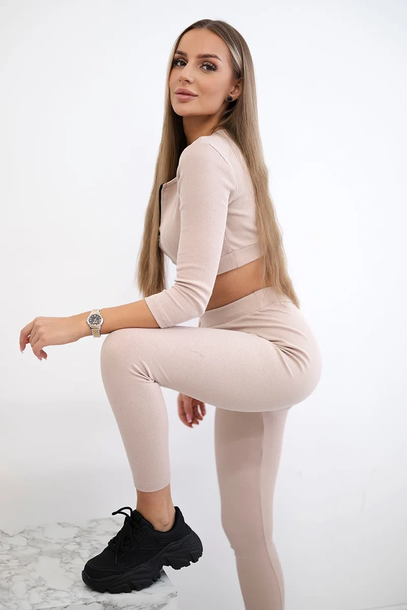 Ribbed crop top set light beige