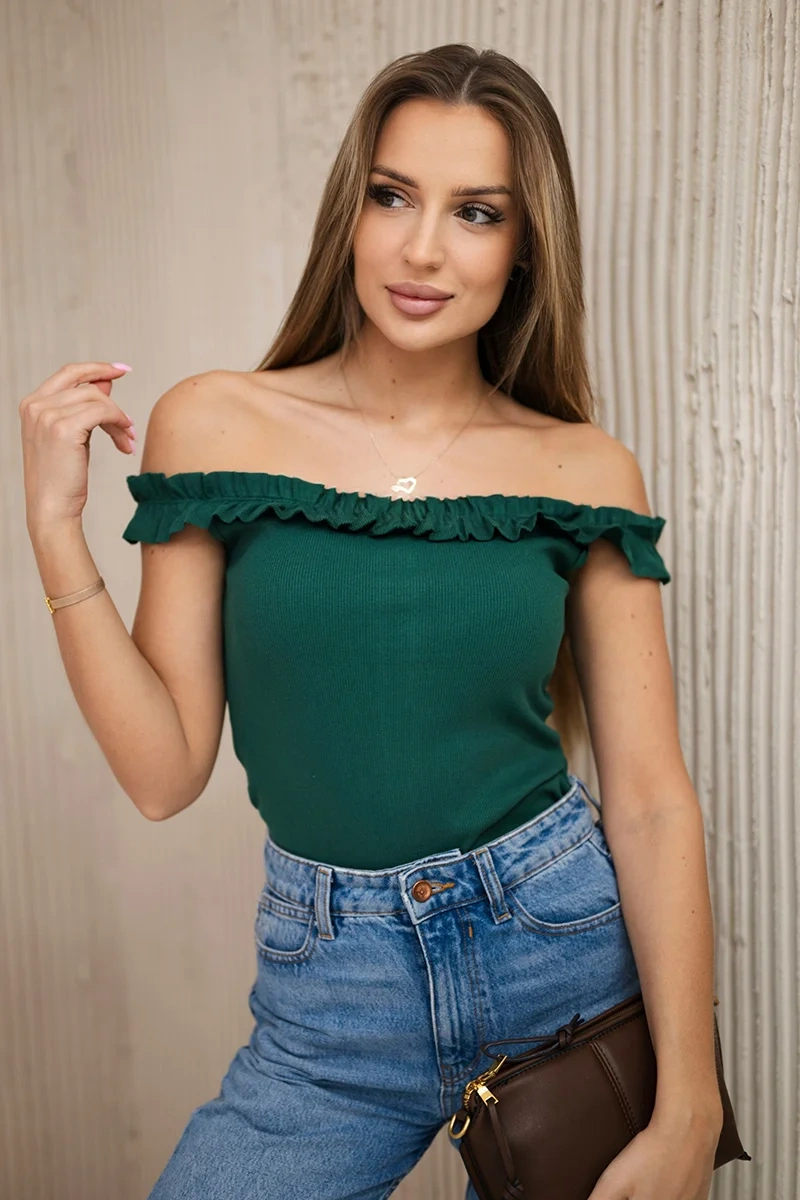 Green blouse with ruffles above the shoulders