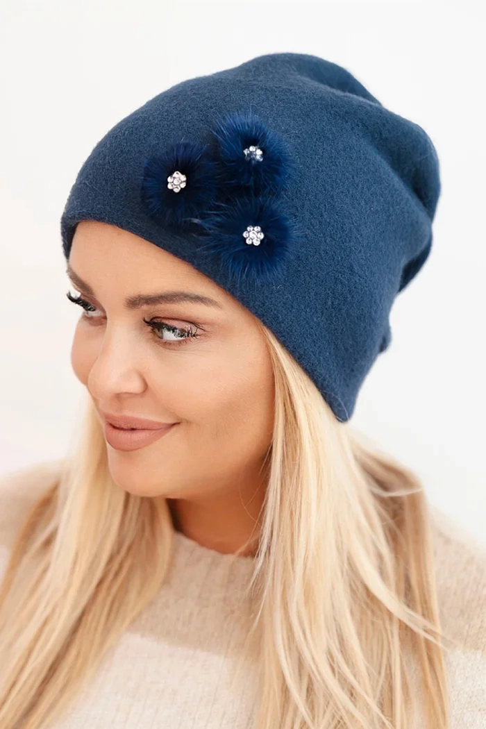 Kesi Women&#039;s cap with decorative fur flowers elegant navy