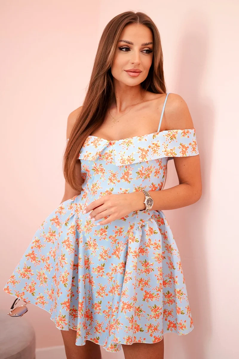 Kesi Włoski Womens floral flared dress with bare shoulders blue
