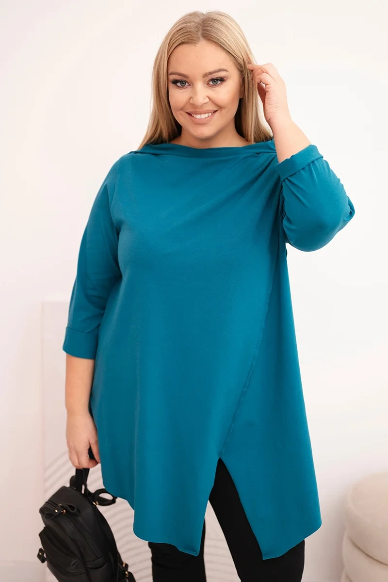 Kesi Women's cotton Plus Size asymmetric blouse with rolled sleeves teal