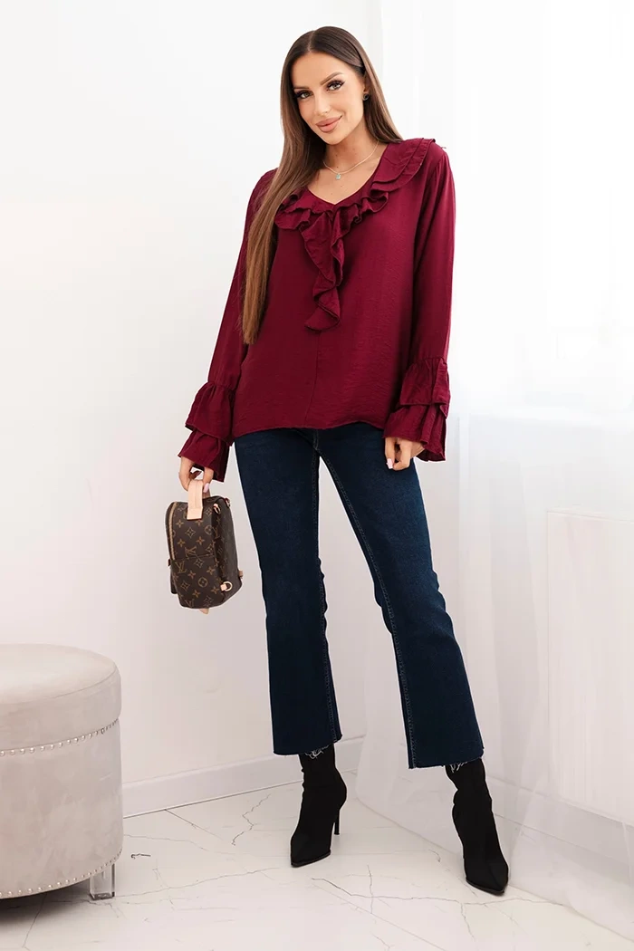 Kesi Włoski Women's viscose blouse with ruffles and long sleeves maroon