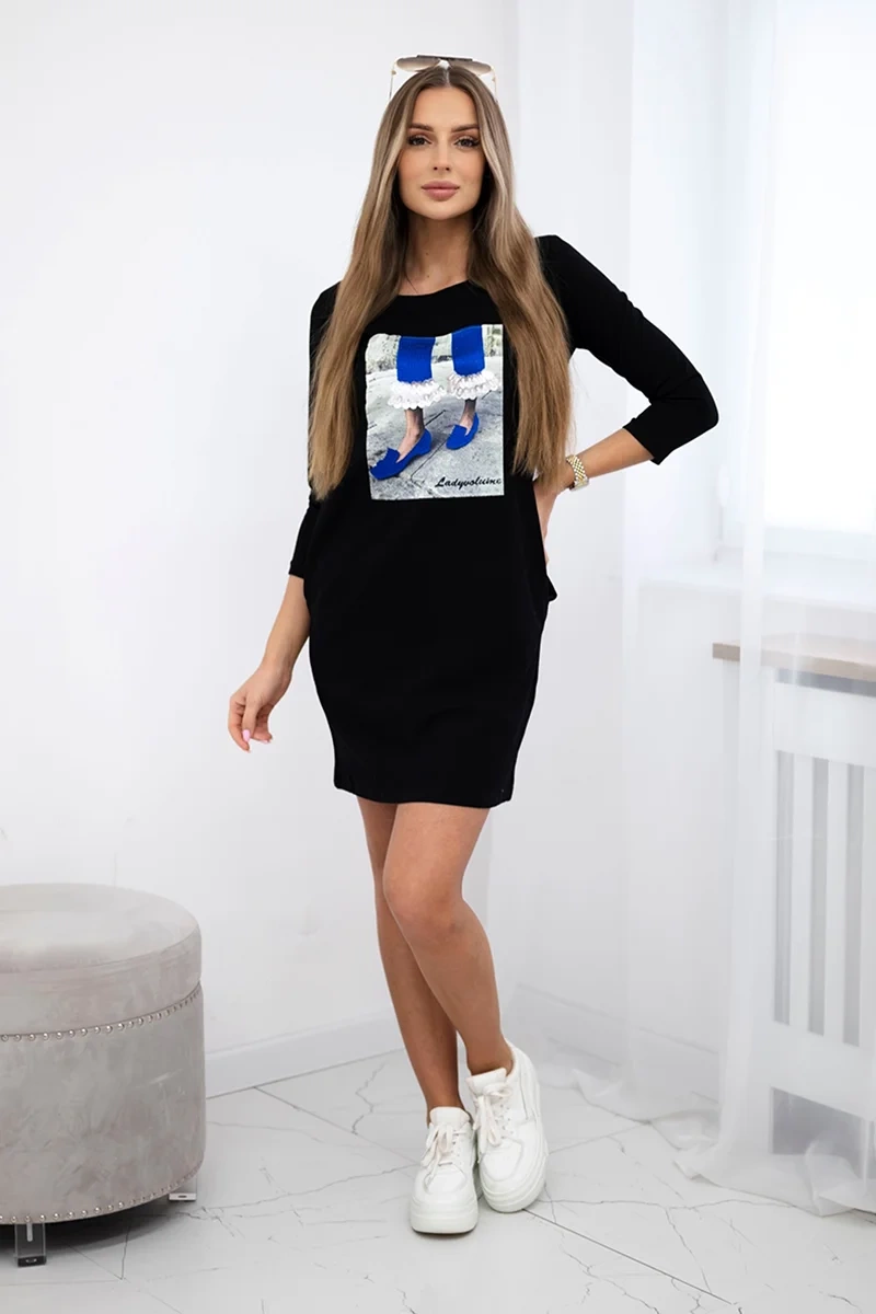 Dress with 3D graphics with zircons black