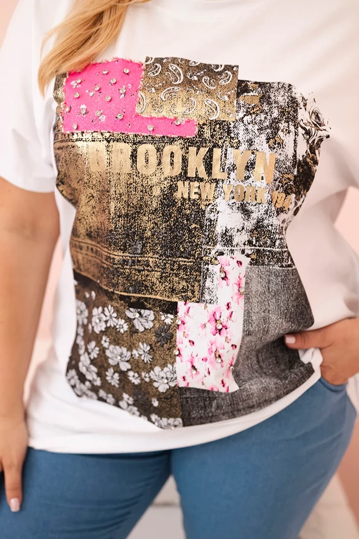 Kesi Włoski Women's cotton Plus Size blouse with colorful print white + pink