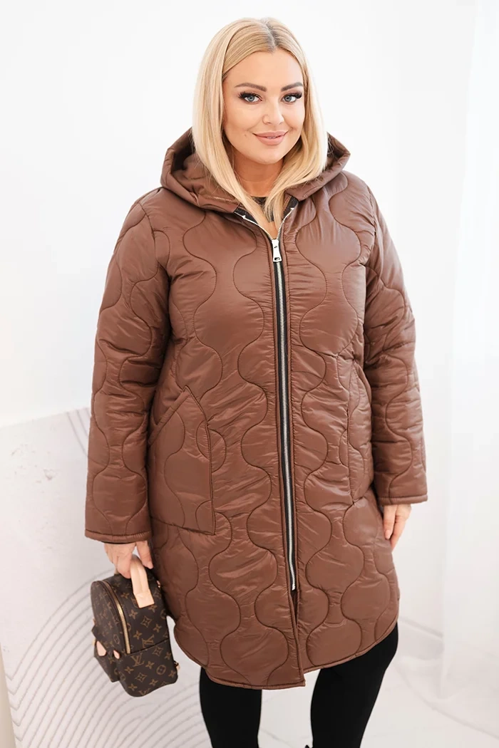 Kesi Włoski Dámska bunda Plus Size zimná prešívaná s kapucňou čokoládová