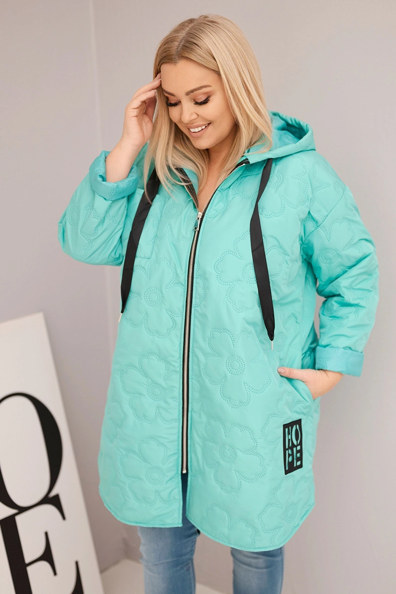 Kesi Włoski Women's Plus Size quilted jacket with a hood and the inscription HOPE mint