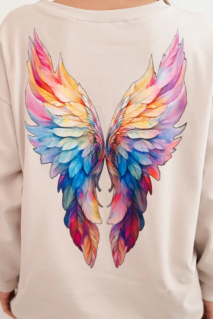 Polski Women's oversized cotton sweatshirt with colorful wings on the back beige