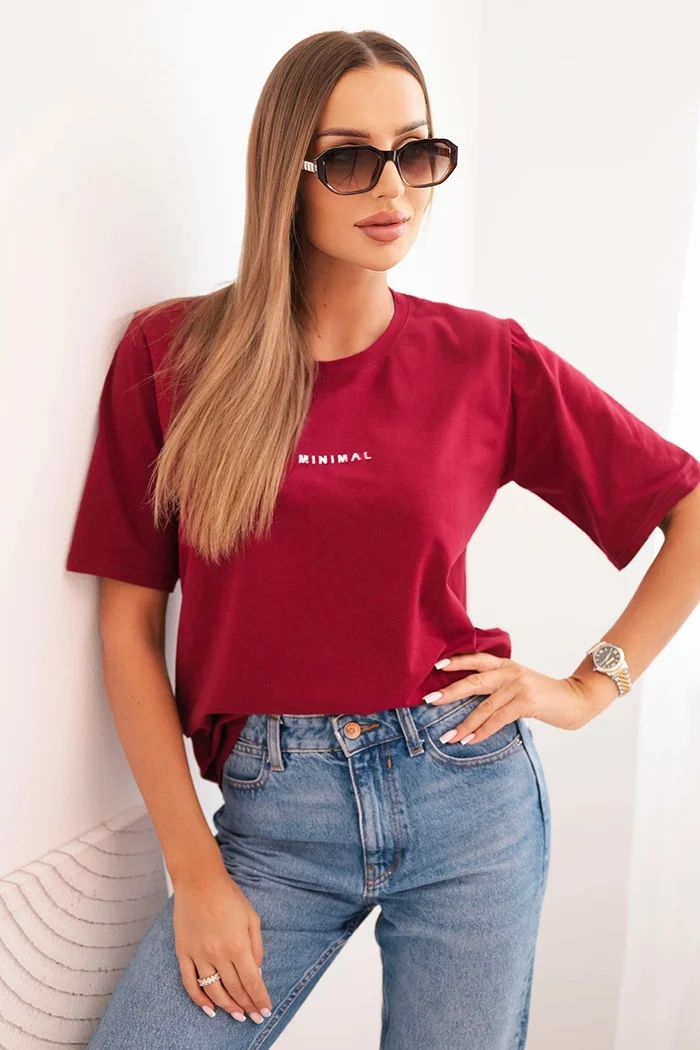 Polski Womens cotton blouse with Minimal print burgundy