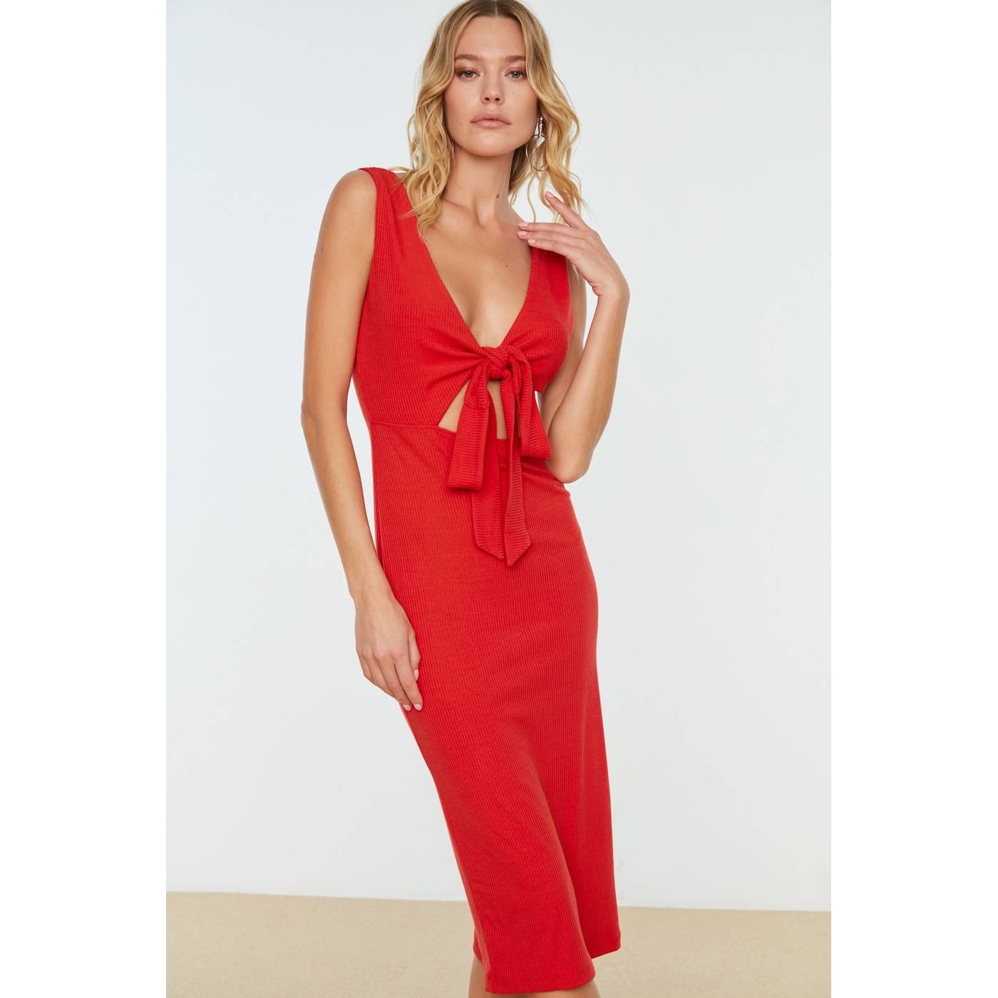 Trendyol Red Tie Detailed Knitted Dress