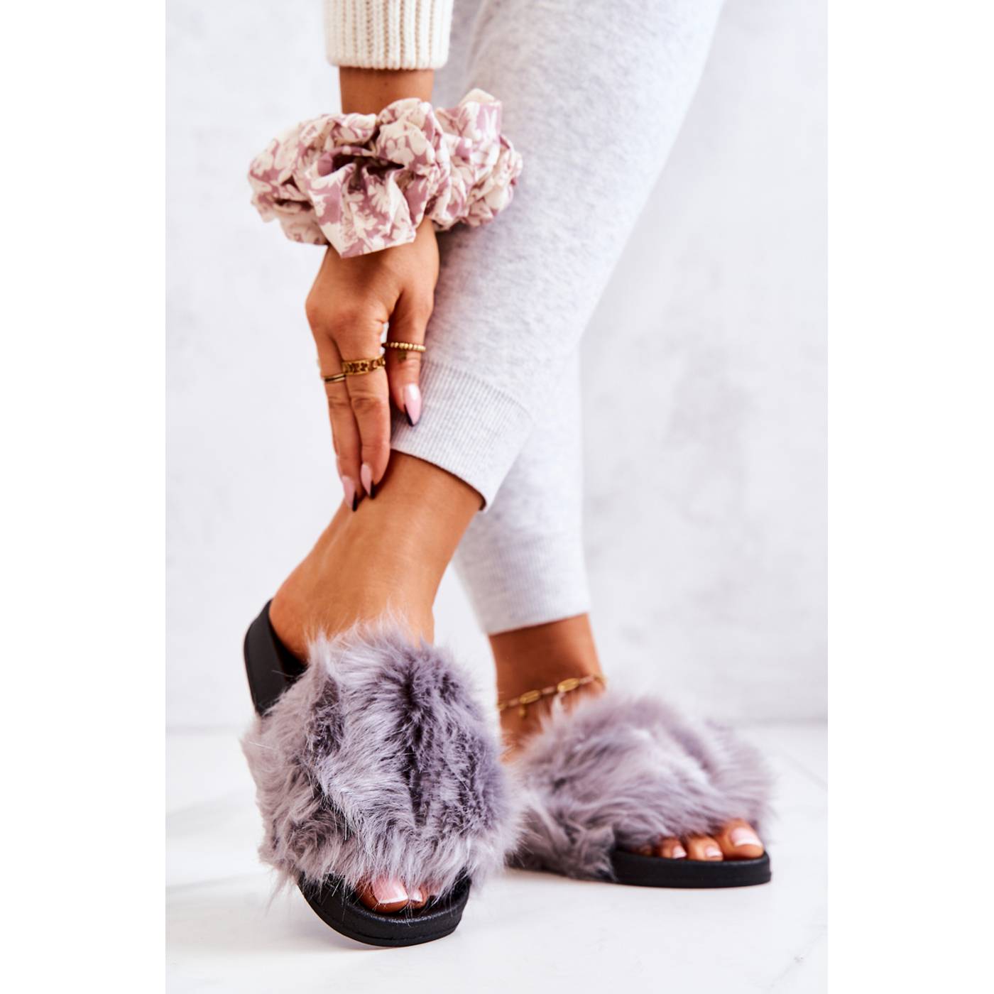 Slippers With Fur Rubber Grey Pollie