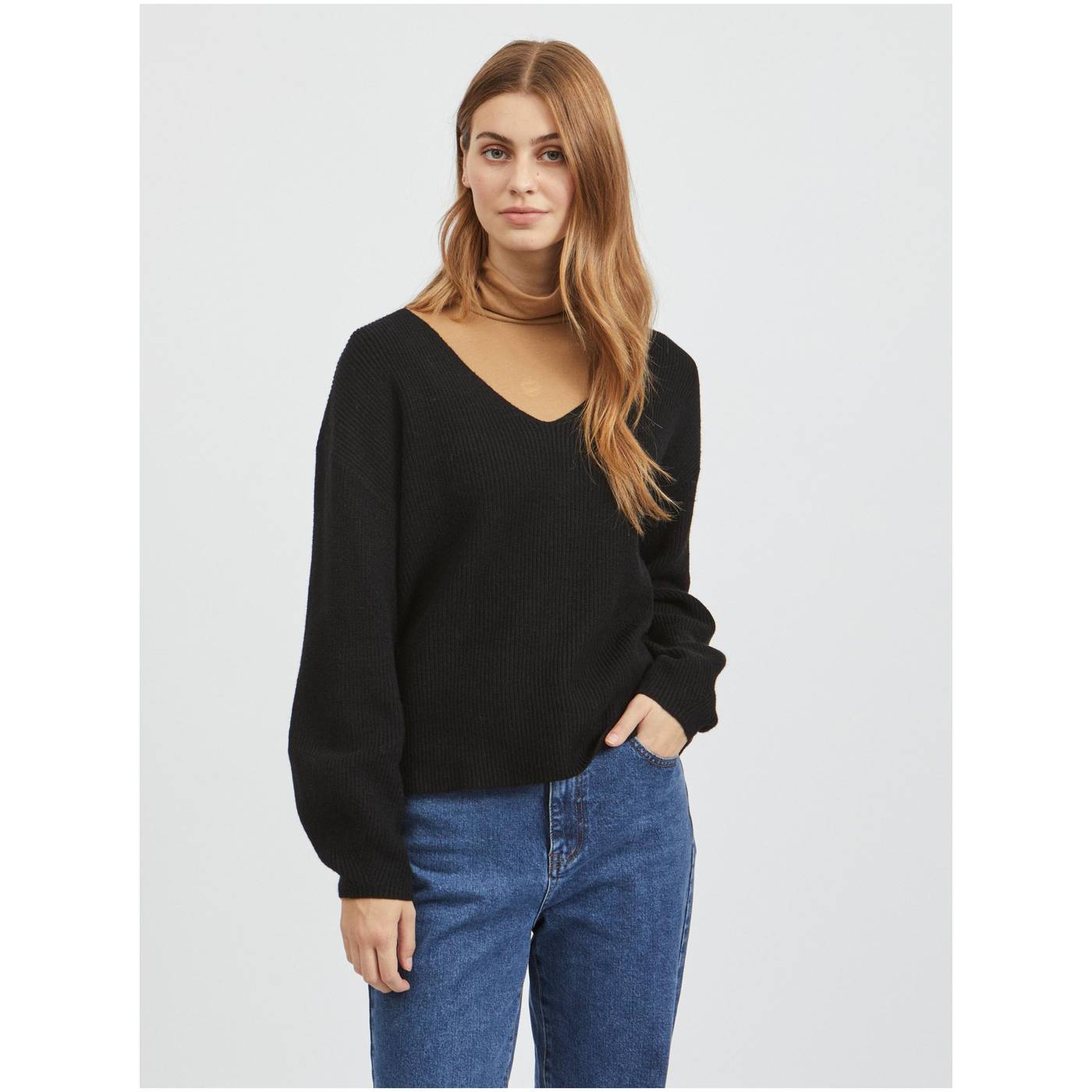 Black Women's Loose Ribbed Sweater with Clamshell Neck VILA Ril - Women